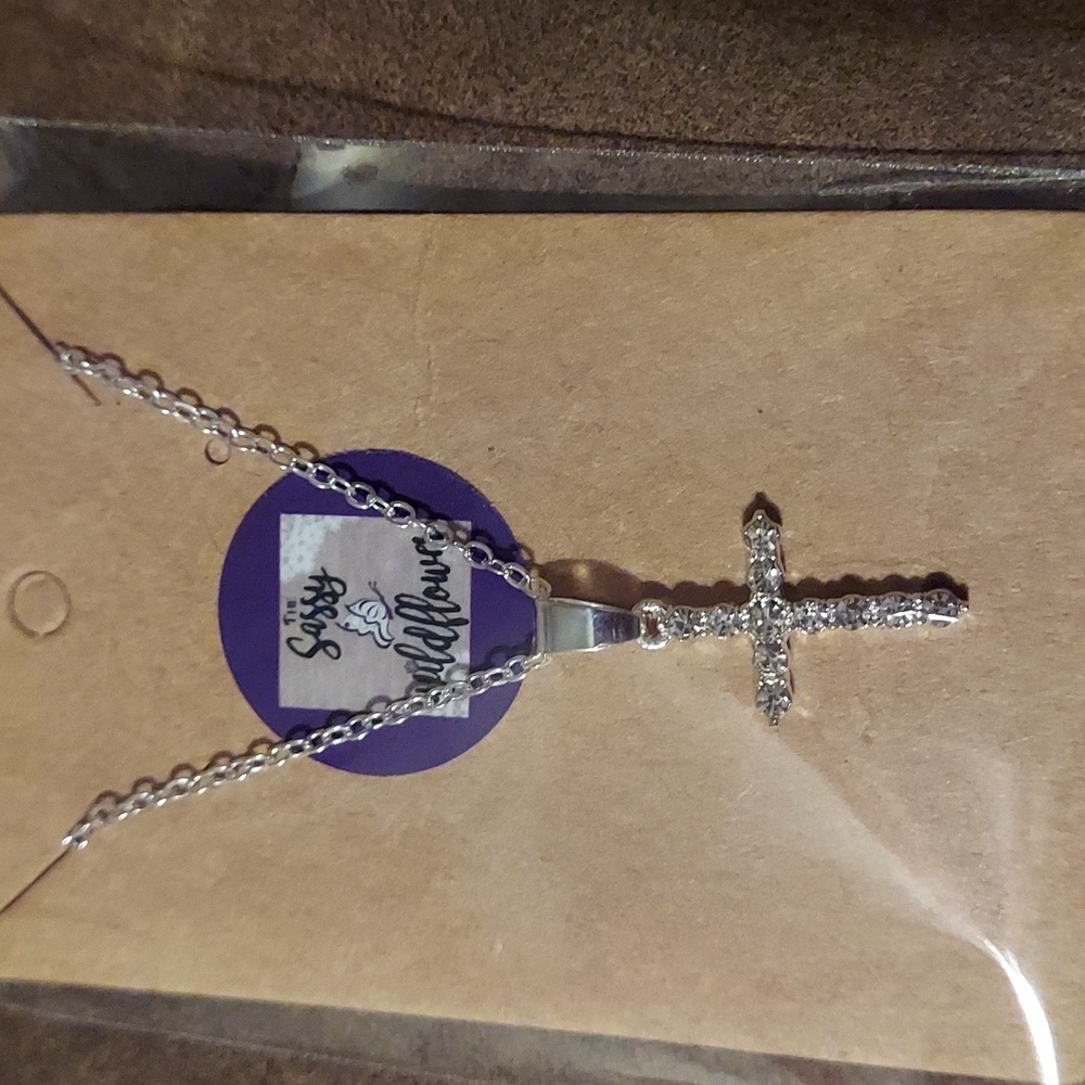 CRYSTAL Cross Pendant on Silver Necklace